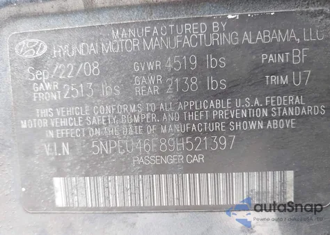 2009 Hyundai Sonata Limited V6 z USA, uszkodzony, nr VIN 5NPEU46F89H521397